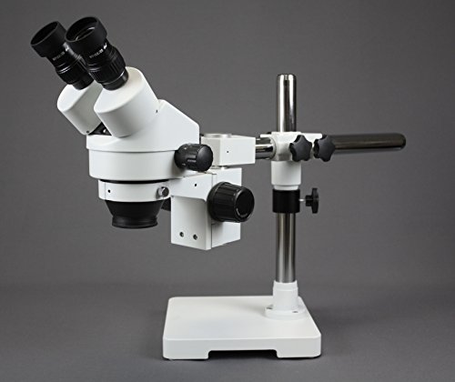 Image of Parco Scientific Binocular Zoom Stereo Microscope, 10x Widefield Eyepiece, 0.7X-4.5X Zoom Range, 7X-45x Magnification Range, Single Arm Boom Stand, 144-LED Ring Light with Intensity Control