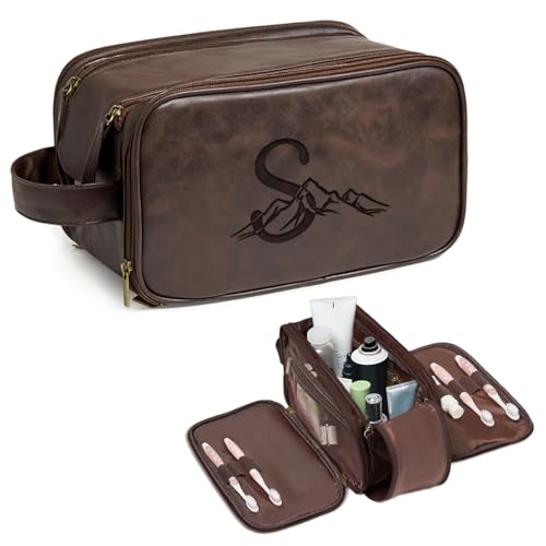 Travel Toiletry Bag For Mens PU Leather Engraved Initials (Dark Brown S)