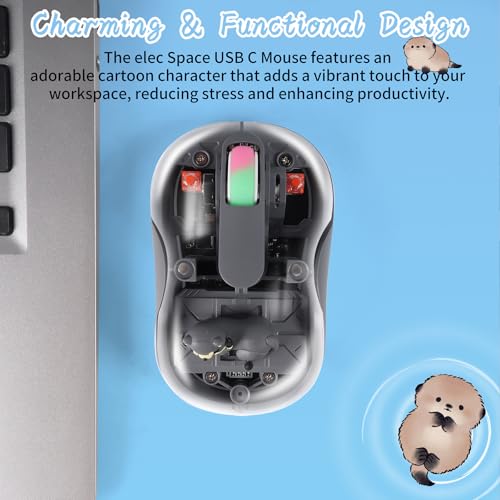 Image of elec Space Cute Wireless USB C Mouse - Bluetooth Triple Mode Rechargeable Cartoon Mouse for Laptops, iPads & MacBook Air /Pro - Silent Operation, Portable Design, Unique Magnetic Character (Grey)