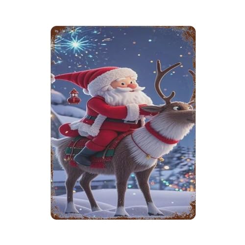 Tableau vintage en métal Père Noël sous feu d'artifice pour mur de bureau