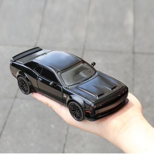 Image of 1 /24 Dodge Challenger Hellcat Model Car, Zinc Alloy Pull Back Toy car with Sound and Light for Kids Boy Girl Gift (Black)