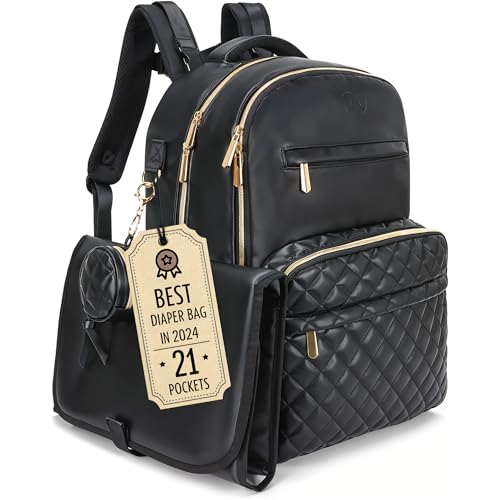 Image of Award-Winning 3 in 1 Luxe Leather Diaper Bag Backpack - Ultimate Baby Bag with 21 Pockets, Charging Port, Changing Pad, Pacifier Case, Stroller Straps - Stylish, Waterproof, Unisex (31L Black)