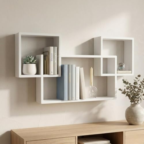 Image of Modern Geometric Floating Wall Shelf - Wall Mounted Decorative Display Shelves for Living Room, Bedroom & Office | Wooden Wall Shelf for Home Decor, Books, Plants & Showpieces Full White