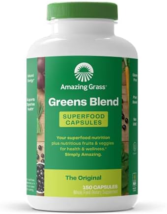 Amazing Grass Greens Blend Superfood Capsules: Super Greens with Organic Spirulina, Chlorella, Beet Root Powder, Digestive Enzymes & Probiotics, 150 Capsules (Packaging May Vary)