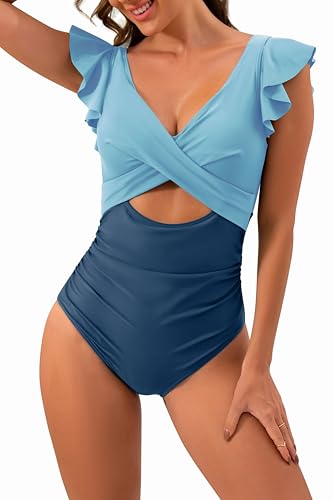 Image of B2prity One Piece Swimsuits for Women Ruffle Sleeve V Neck Bathing Suit Tummy Control Cutout Monokini Slimming Swimwear