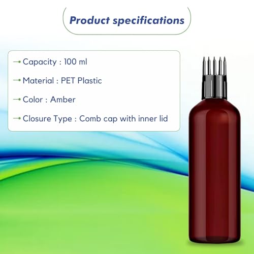 Image of Amber PET Applicator Bottles Pack of 2 - 100 ml Empty Refillable Squeeze Bottles with Comb Tip for Hair Oil, Hair Dye, Shampoo & DIY Cosmetic Storage