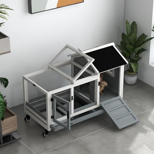Pawhut USD51-352V00GY0131 Indoor Outdoor Wooden Rabbit Hutch With Wheels, Large Bunny Hutch With Run & Slide-Out Tray For Small Animals thumb #8