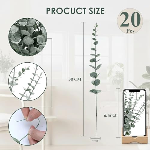 Image of CURATED CART Artificial Eucalyptus Stems Pack of 20 Realistic Green Leaves with Frosted Finish Flexible Fake Flowers Branches for Home Office Wedding Centerpiece Table Decor Christmas Decoration