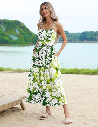 Image of Zeagoo Women's Summer Casual Boho Sundress Spaghetti Strap Square Neck Flowy Midi Dresses A Line Beach Dress with Pockets