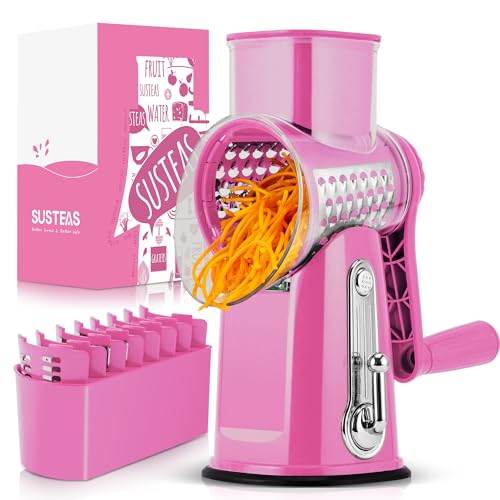 SUSTEAS Rotary Cheese Grater with Handle - Vegetable Shredder with 5 Well-designed Blades & Strong Suction Base,Round Mandoline Slicer & Food Chopper for Kitchen,with Blade Storage Box(Pink)