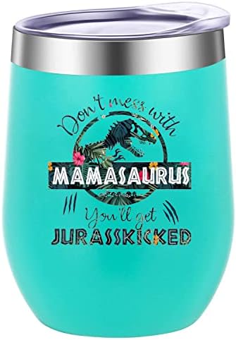 ATHAND Mamasaurus Tumbler with Lid 12oz - Mom Cup Double Wall Insulated Coffee Mug-Stemless Wine Glasses-Novelty Valentines Day Birthday Holiday Gift for Mom Wife Women Presents(Mint)