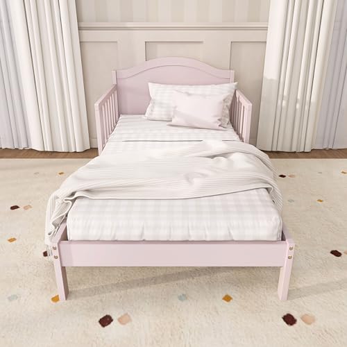 Image of Dream On Me Sydney Toddler Bed, GREENGUARD Gold, Pinewood, Blush Pink | Solid Arched Panel, Low to Floor Bed, 2 Safety Guard Rails, Sturdy Wooden Frame, 50 Lb Limit, BSA Verified