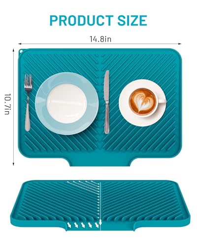 Dish Drying Mat Kitchen Counter - Silicone Dish Drying Pad with Built-in Drain for Sink, Refrigerator and Drawer Liner, Easy Clean, Non-Slip, Heat Resistant, 14.8\" x 10.7\"