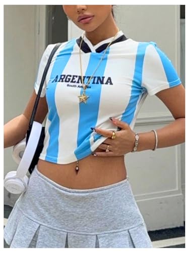 SweatyRocks Girl's Striped Short Sleeve Jersey Shirt Y2k Letter Graphic V Neck Crop Tees3