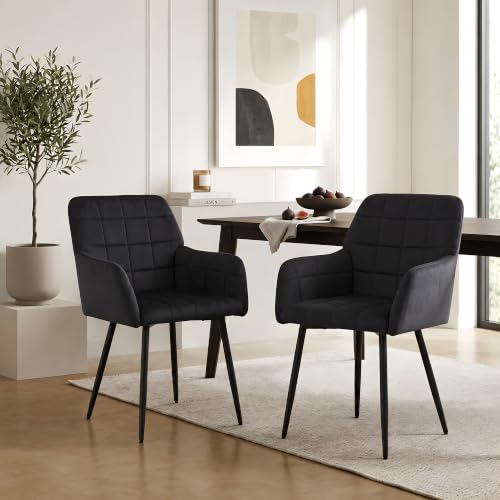 Czoluxo Black Velvet Dining Chairs Set of 2, Modern Tufted Accent Chairs with Armrests & Black Metal Legs, Upholstered Side Chairs for Dining Room, Kitchen, Living Room