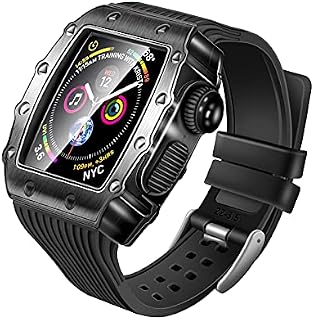 Compatible for Apple Watch Series 8 7 45mm, 6 SE 5 4 44mm, HUALIMEI Protective Rugged Alloy Metal Bumper Case with Rubber Strap and Screen Protector, Black Heavy Duty Military iWatch Cover for Men