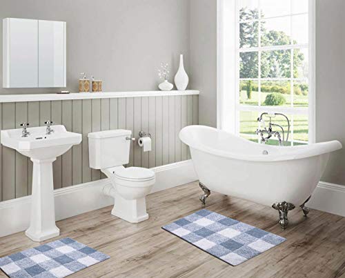 Bathroom Rugs Luxury Buffalo Plaid Bath Mat Set 21X34-17X24 Blue/White,2Piece Mat Set, Soft Plush Anti-Slip Shower Rug +Toilet Mat.shaggy Carpet, Super Absorbent Mats, Machine Washable Bath Mat, #TOP1
