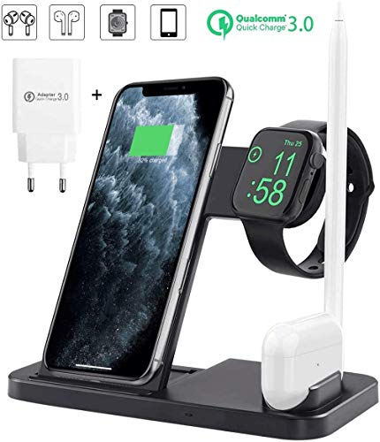 Aicaseaicase 4 In 1 Wireless Charger Iwatch A Irpods Pencil Charging Dock Station Nightstand Mode For Iwatch Series 5 4 3 2 1 Fast Charging For Phone 11 11 Pro Max Xr Xs Max Xs X 8 Plus 8 Black
