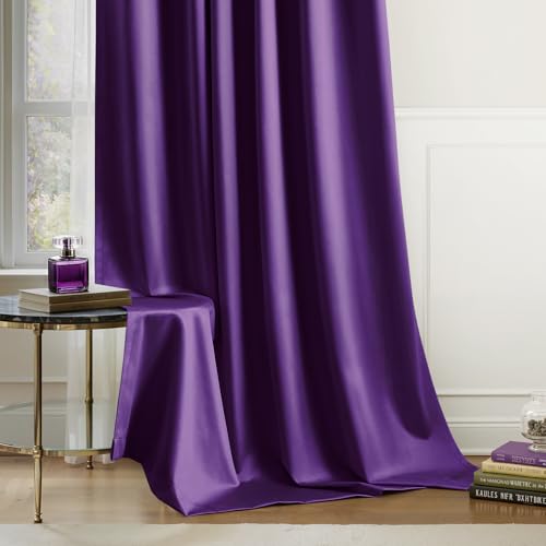 HOMEIDEAS 100% Blackout Faux Silk Curtains,Purple Thermal Insulated Room Darkening Window Drapes,Luxury Vintage Curtains for Bedroom Living Dining Room, 52 X 84 Inch, 2 Panels — view 5