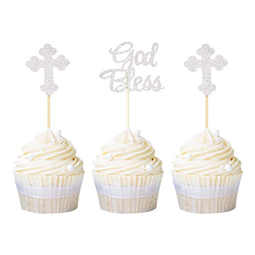 Ercadio Silver Glitter God Bless And Baptism Cupcake Toppers Cross Cupcake Picks Christian Party Decoration Supplies 24 Pcs #TOP4