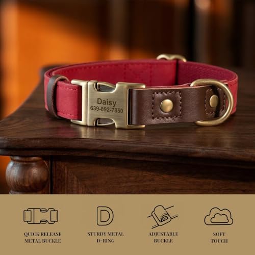 Image of Personalized PU Leather Dog Collars, Quick Release Buckle, Red,L