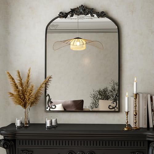 36"x 24" Arched Bathroom Mirror, Wall-Mounted Mirror with Carved Metal