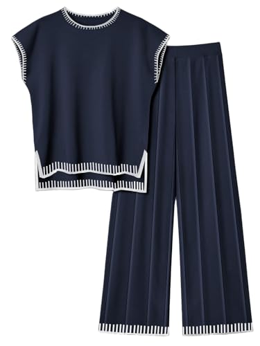 Image of Ekouaer Womens Matching Sets Knit Sweater Sets 2 Pieces Lounge Set | Pullover Tops Wide Legs Pants Casual Outfits