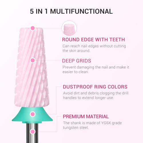 Image of MelodySusie 5 in 1 Nail Drill Bits, 3 /32'' Ceramic Cross Cut Bits, Suitable for Manicure Pedicure Cuticle Gel Polishing, Pink, Series Bit-M, Coarse