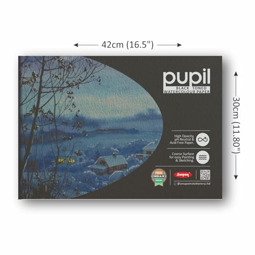 Image of Anupam Pupil Black Toned Watercolour Paper Pad - Cold Press Paper - 250 GSM - 24 Pages - A3