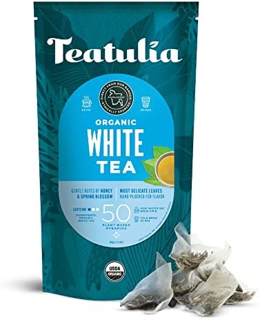 Teatulia Organic White Tea Bags (50 Pyramid Tea Bags) | 100% Compostable | Sustainably Grown In Bangladesh