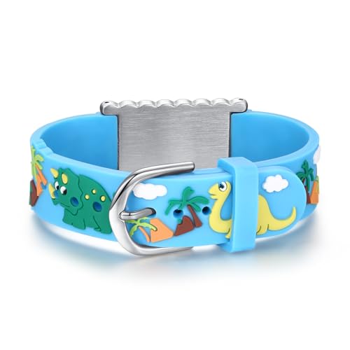 Image of LinnaLove Medical Alert ID Bracelet - Custom or Pre-Engraved, QR Code Available,Blue Dinosaur Band