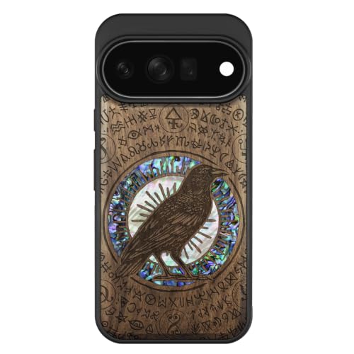 Coque Pixel 11 Pro en bois gravé Sorcellerie Corbeau idée cadeau luxe