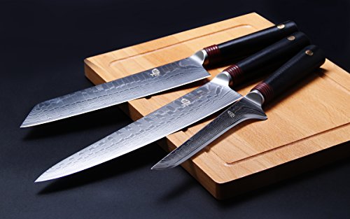 TUO 9.5" Damascus Chef’s Kitchen Knife - Japanese AUS-10 HC Steel - Dishwasher Safe G10 Handle - Full Tang - RING-D