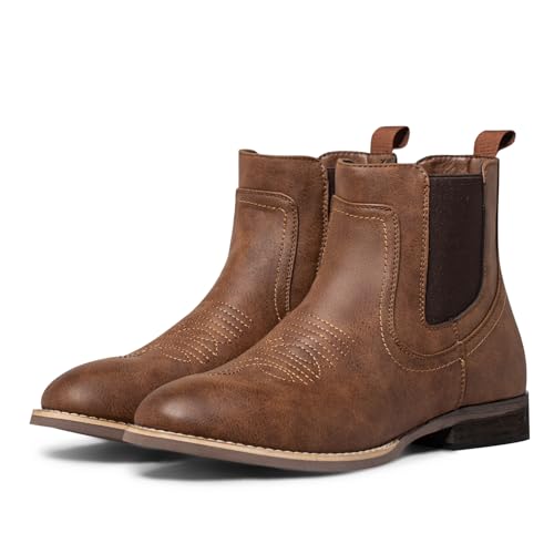 Image of J's.o.l.e Chelsea Cowboy Boots for Men Round Toe Western Slip on Boot Dress Casual Work Ankle Boots Brown