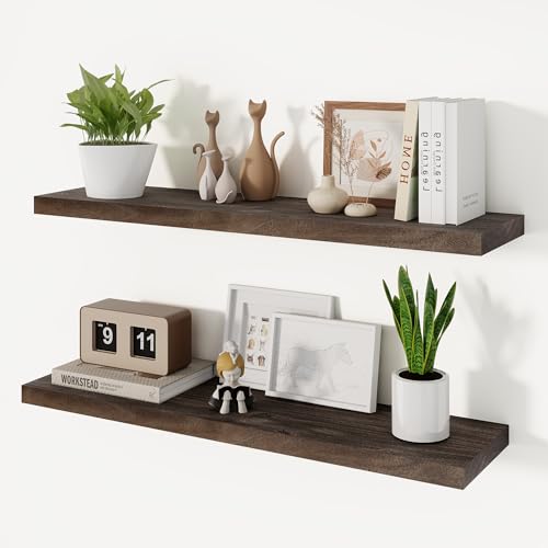 Rustic Farmhouse Floating Shelves - Solid Elm Wood Bathroom Wooden Shelves for Wall Mounted,Bathroom Storage Over Toilet, Hanging Book Shelf for Wall Home Decor Living Room - 36W x 9.25D- Set of 2