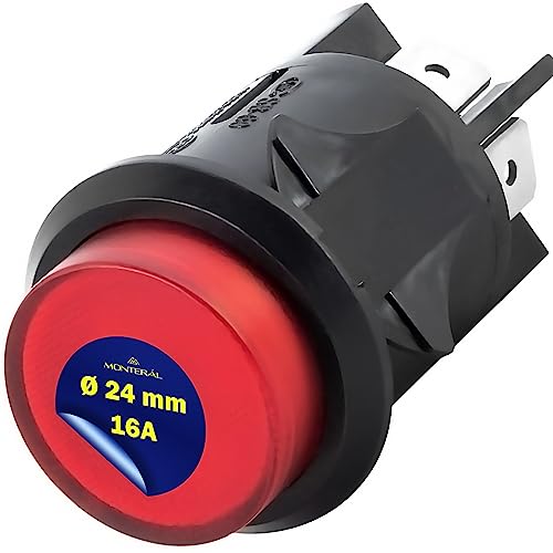 Interruttore Bipolare Luminoso Rosso 16A Ø 24 mm Corpo di Colore Nero Garanzia di 10 Anni - MONTERAL