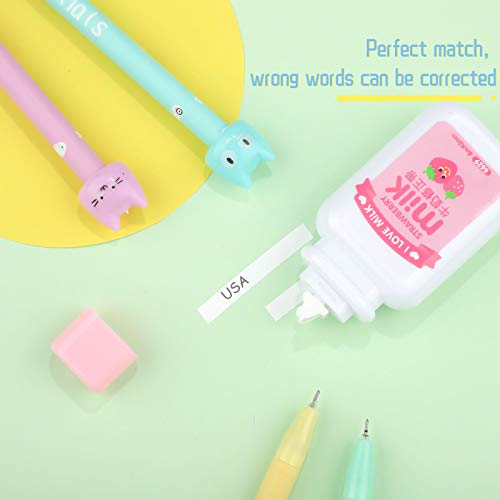 Zonon 4 Pieces Milk Bottle Style Correction Tape Writing Correction Tape Eraser And 4 Pieces Cute Cartoon Cat Pens Black Writing Gel Ink Pen For Kids Students, School Stationery Office Supplies #TOP2