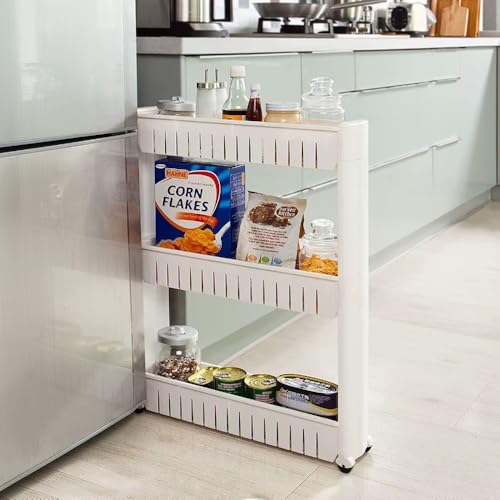 Image of JD FRESH 3-Tier Slim Rolling Storage Organizer Rack /Fridge Side Storage Rack /Plastic Trolley Storage Stand with Wheels /Floor Standing Cabinet for Bathroom and Kitchen Corner Area (White)