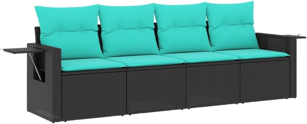 vidaXL Patio Sofa Set 4 Piece - Modular Outdoor Furniture with Cushions, Black Poly Rattan, Foldable Side Table, Storage, Weather-Resistant