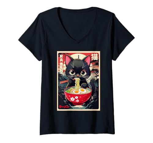 Mujer divertidas camisetas gráficas japonesas con diseño de gato ramen