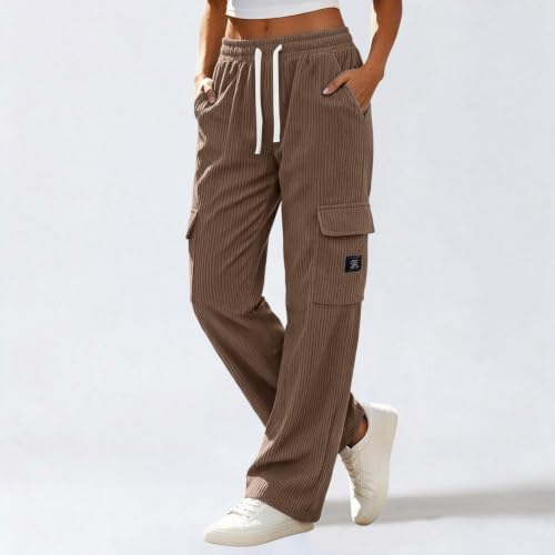 Womens Corduroy Pants Baggy Casual Wide Leg High Waist Cargo Pant Trousers - image 5