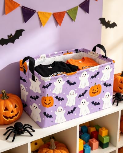 Image of Essme Rectangular Halloween Baskets,Ghost Storage Box,Cute Basket for Kids Room Decor, Book Bins,Shelf Basket.(Purple Halloween