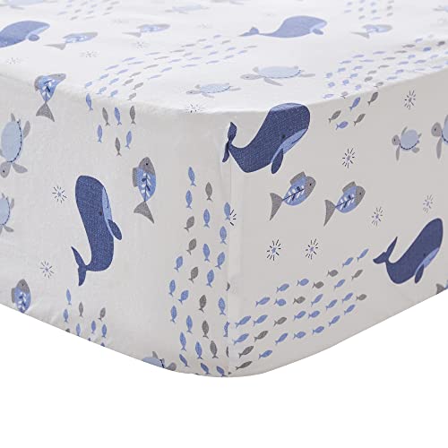 Image of Levtex Baby - Boho Bay Crib Bed Set - Baby Nursery Set - Navy, Blue, Grey and White - Under The Sea - 5 Piece Set Includes Quilt, Two Fitted Sheets, Wall Decal & Skirt /Dust Ruffle