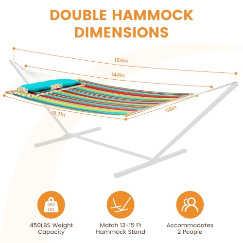 Image of Lazy Daze Hammocks 12 FT Quilted Fabric Double Hammock with Spreader Bars, Detachable Pillow and Carabiners, 450lbs Weight Capacity, Rainbow Stripes