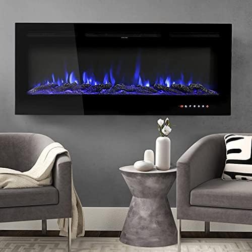 INMOZATA Electric Fireplace Wall Mounted Recessed 60inch Electric Fire Heating Insert into Wall Electric Fire Heater Touch Remote Control 9 LED Color Flame Effect, Crystal with Log Set(60inch)