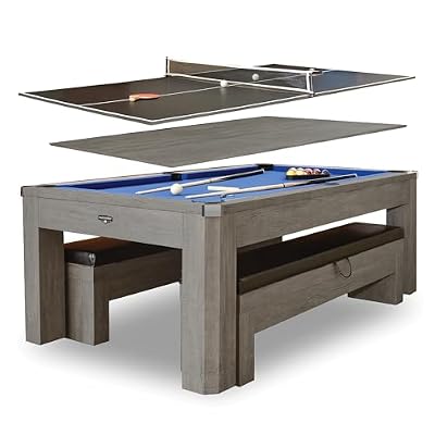 Hathaway Newport 7 Foot Pool Table Combo 3 in 1 Game Table with Reversable Table Tennis Top & Dining Top Includes Game Accessories & Two Benches Chrome Accents, Rustic Gray Finish, Blue Felt