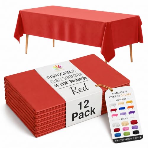 Party Solids Red Plastic Table Cloth Disposable 12 Pack, 54 x 108 Inch