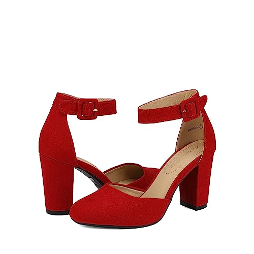 DREAM PAIRS DREAM PAIRS Women's High Heel Ankle Strap Closed Toe Chunky Wedding Party Pumps Shoes,Size 7,Red/Suede,Angela