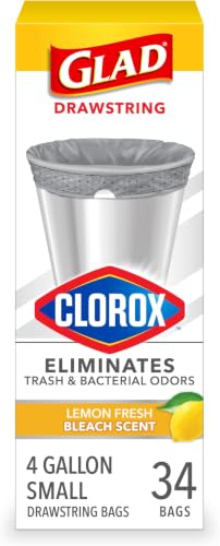 Image of Glad Small Drawstring Trash Bags with Clorox, 4 Gal, Lemon Fresh Bleach, 34 Ct (Package May Vary) (Pack of 6)