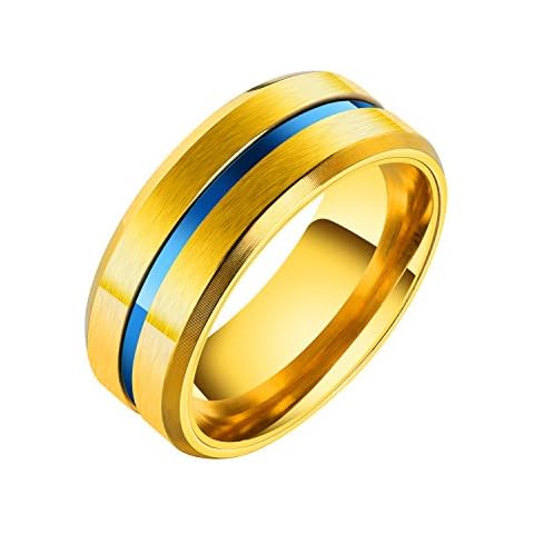 TEMICO 8mm Gold Plated Stainless Steel Rings for Men Wedding Engagement Band Blue Grooved Brushed, Size 7-11 Cover